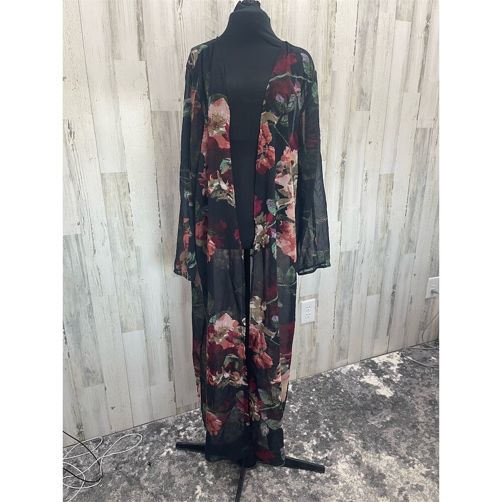 Truth Duster Kimono Womens 1XL Black Sheer Floral Maxi Boho sku750